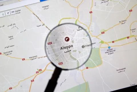Aleppo, Syria on Google maps under magnifying glass Fotos Stock