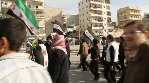 Aleppo Syria Protest Huge Flag Stock Footage 12806924