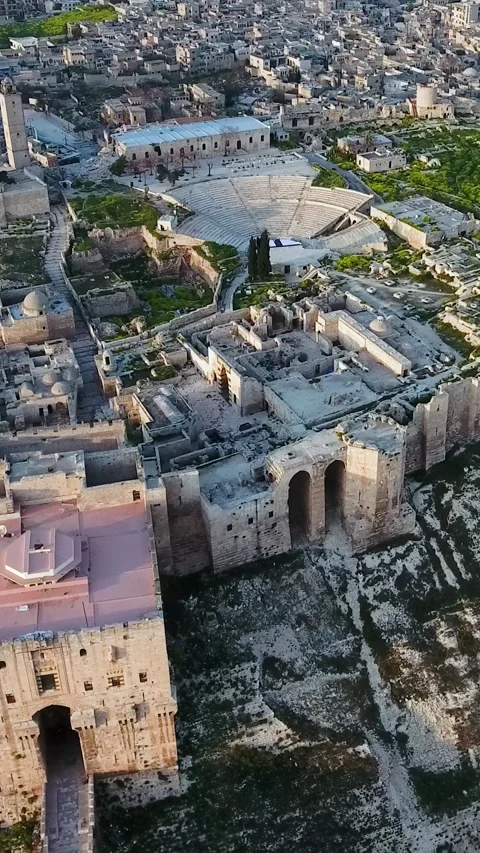 Aleppo's large medieval citadel, closeup drone shot, Syrian historical footage. Stock Footage 285871486