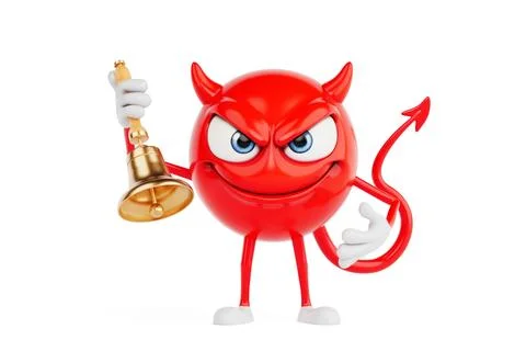Alert And Attention Concept. Red Devil Cartoon Character Holding Gold Bell .. Stock Illustration