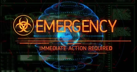 Alert appearing, dotted globe rotating, orange EMERGENCY text forming, requiring Stock Footage 328577039