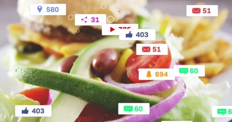 Alert badges appearing and floating over burger meal after two frames, showing Stock Footage 328365924