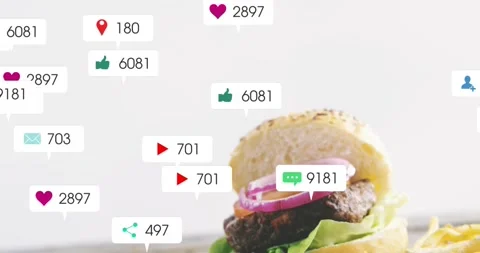 Alert badges appearing from left drifting, clustering around burger and fries, Stock Footage 328417153