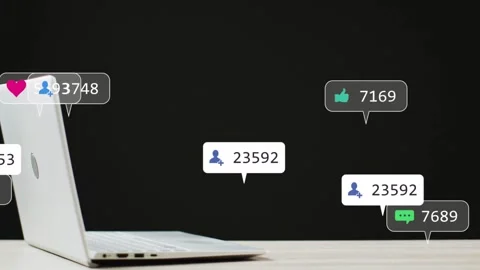 Alert bubbles appearing right, floating left to laptop, grouping, drifting up, Stock-Footage 335651948