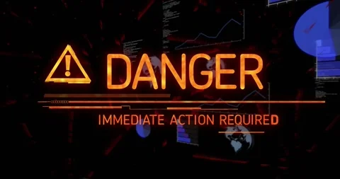 Alert graphic animating on dark virtual HUD showing orange warning icon, DANGER Stock Footage 330209137