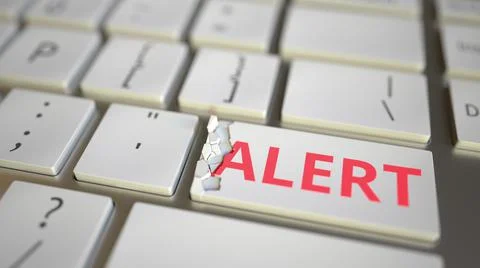 Alert key being destroyed on the computer keyboard. Conceptual 3D rendering Stock Illustration