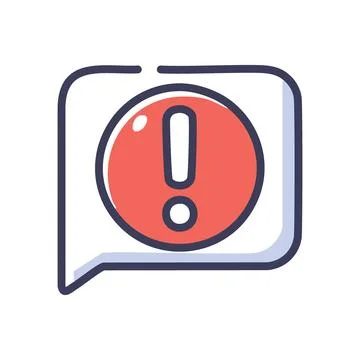 Alert message icon. Red circle with exclamation mark in a speech bubble, in.. Stock Illustration