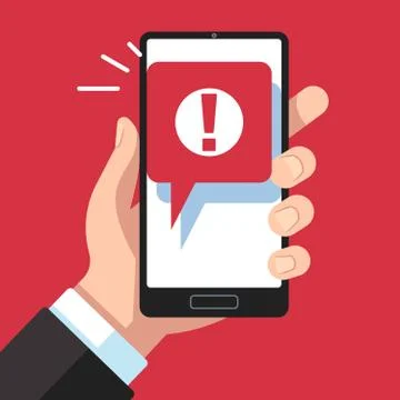 Alert message mobile notification. Hand holding smartphone with exclamation sign Stock Illustration