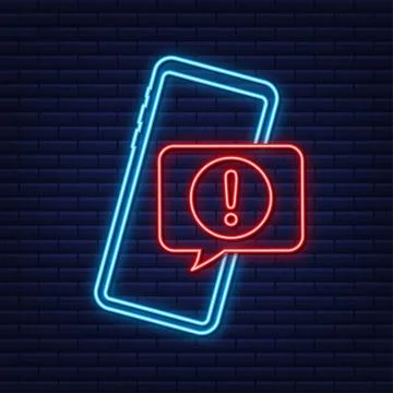 Alert message mobile notification neon sign. Danger error alerts, smartphone Stock Illustration