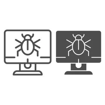 Alert notification on desktop line and glyph icon. Infected computer vector Stockillustratie