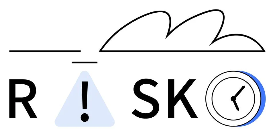 Alert triangle replacing the letter I in RISK with cloud and clock. Ideal for 스톡 일러스트