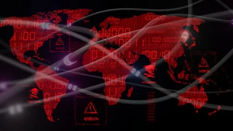 Alerts appearing, ribbons sweeping red map with glows flashing malware warnings, Stock Footage 334724916