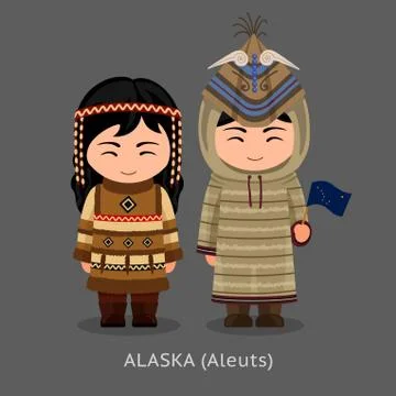 Aleuts in national clothes with a flag. Stock Illustration