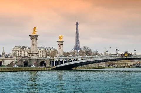 Alexander bridge in Paris, Eiffel Tower Stock Photos