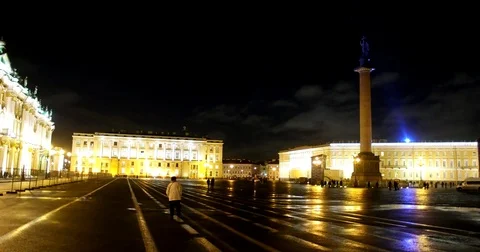 Alexander Column, Palace Square, lighting historic buildings,Saint Petersburg Stock Footage 71225521