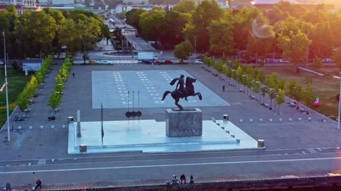 Alexander the Great statue sun flare aerial Thessaloniki 4k Stock Footage 333490442