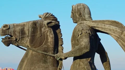 Alexander the Great statue sun flare orbit Thessaloniki 4k Stock Footage 333528830