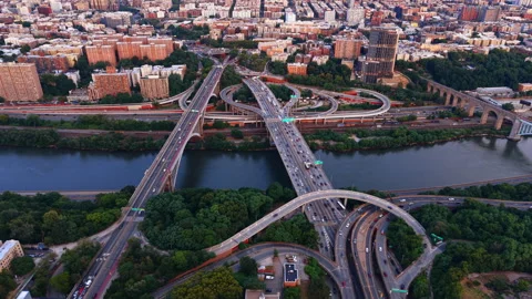 Alexander Hamilton Bridge and its complex interchange system spanning the Harlem Stock Footage 337714659