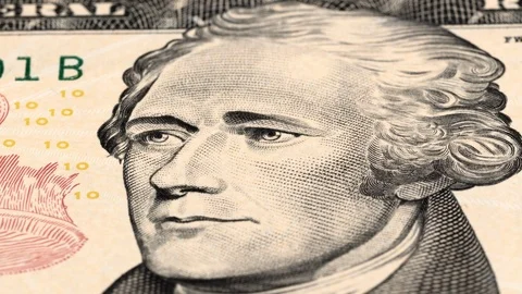 Alexander Hamilton on US 10 dollar bill tracking. Low angle, macro. 8K Stock Footage 125140858