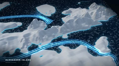 Alexander Island 3D White Terrain Relief Map With Glowing Route And Pack Ice Stock Footage 343393664