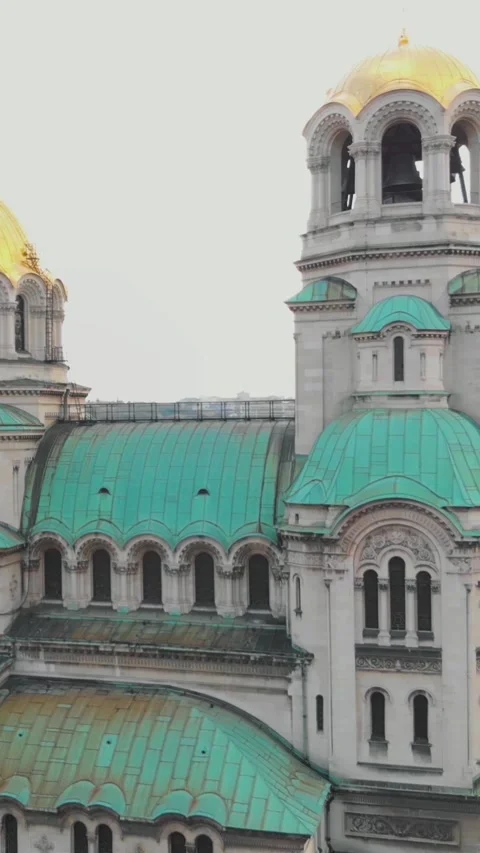 Alexander Nevsky Cathedral in Sofia, Bulgaria, showing its oxidized copper Stock Footage 312052986