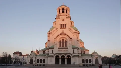 Alexander Nevsky Christian Cathedral in Sofia, Bulgaria at sunset Video stock 83758003