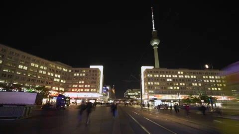 Alexanderplatz Hyperlapse During the Night in Berlin Germany Stock Footage 133345422