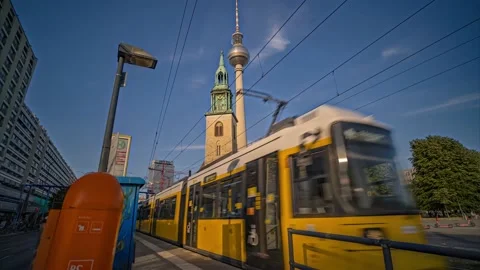 Alexanderplatz tower and tramway  hyperlapse time lapse - Berlin, Germany 4k 스톡 동영상 206123224