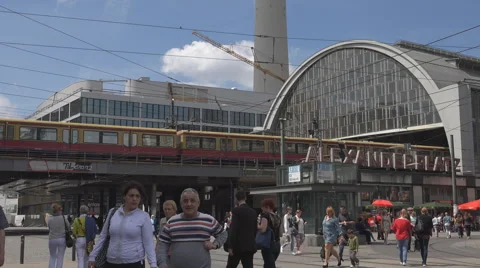 Alexanderplatz train station public square tourist visit Berlin police car pass  Stock Footage 40492961