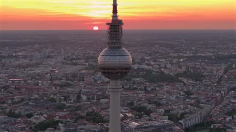 Alexanderplatz TV Tower Close Up View, Fernsehturm at Sunset Time in Berlin City Stock Footage 311929341