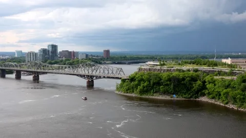 Alexandra Bridge crossing Ottawa River near Kiweki Point lookout in Canada Stock Footage 342340841