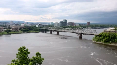 Alexandra Bridge crossing Ottawa River near Kiweki Point lookout. Stock Footage 342340871