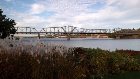 Alexandra Bridge over Ottawa River and waterfront in Gatineau, Canada. Video stock 334872020