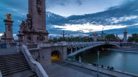Alexandre Bridge in Paris at night in illumination day to night timelapse. Paris Stock Footage 236870068