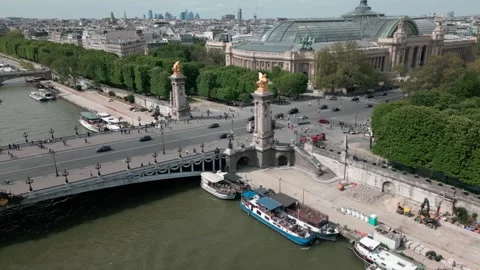 Alexandre Bridge of Paris over Seine river with Grand Palais on background Stock Footage 279468321