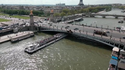 Alexandre III Bridge over Seine River in Paris, France. Aerial drone Stock Footage 275911483