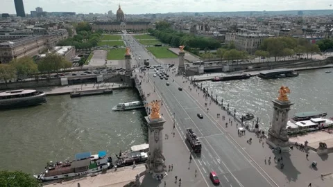 Alexandre III Bridge over Seine River in Paris, France. Aerial drone view Stock Footage 275913829