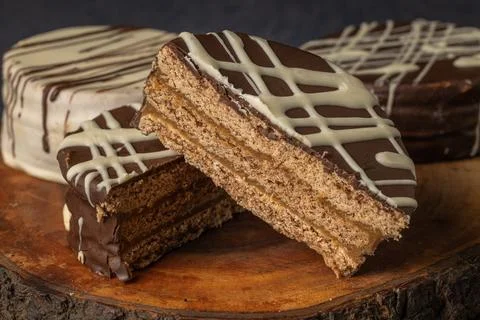 Alfajor cut in half, typical candy from Argentina. Stock Photos