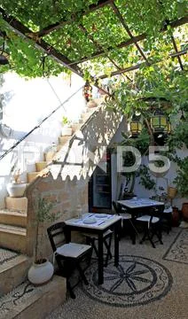 Alfresco seating in lindos Stock Photos