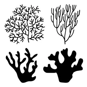Algae and corals marine different set. black vector silhouette Illustrazione stock