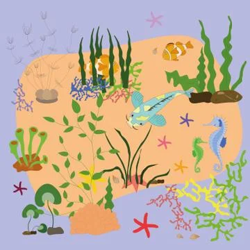 Algae, Corals, And Rocks. Underwater Natural Plants Are Isolated. Underwater Illustrazione stock