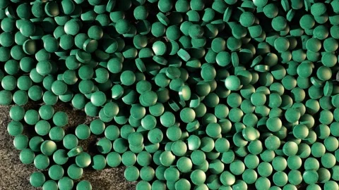 Algae food supplement.Spirulina pills pattern in the suns rays Stock Footage 317395104