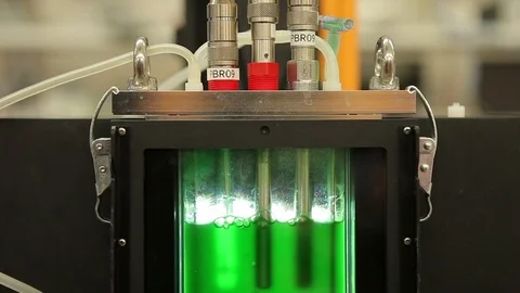 Algae science reactor bubbles green, research laboratory bioreactor Stock Footage 75609462