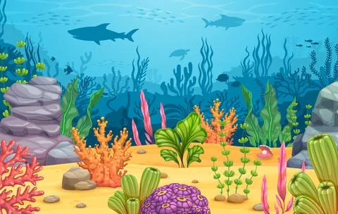 Algae seaweeds on underwater bottom game landscape Stock Illustration