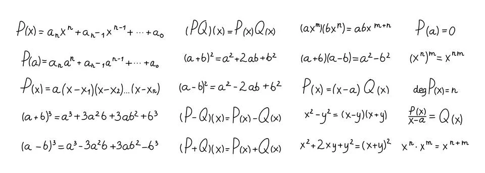 Algebra polynomial formula set Stock Illustration