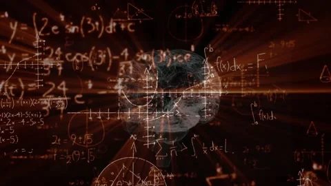 Algebraic formulas sliding 3D brain fading while axes scanning red rays bursting Stock Footage 327901035