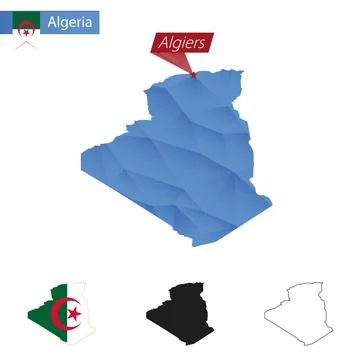 Algeria blue Low Poly map with capital Algiers. 스톡 일러스트