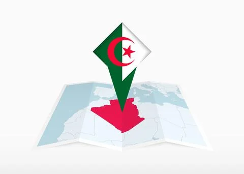 Algeria is depicted on a folded paper map and pinned location marker with f.. Stock Illustration
