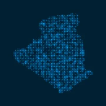Algeria dotted glowing map. Shape of the country with blue bright bulbs. Ve.. イラスト素材