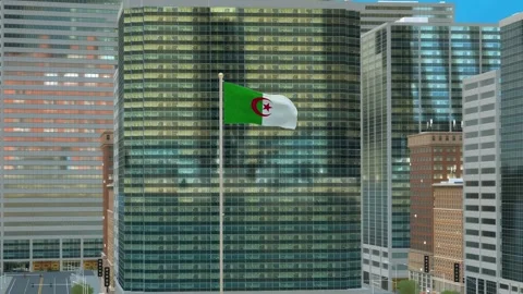 Algeria Flag 3D Render Animation on Pole with Modern Business District Build Video stock 333041020
